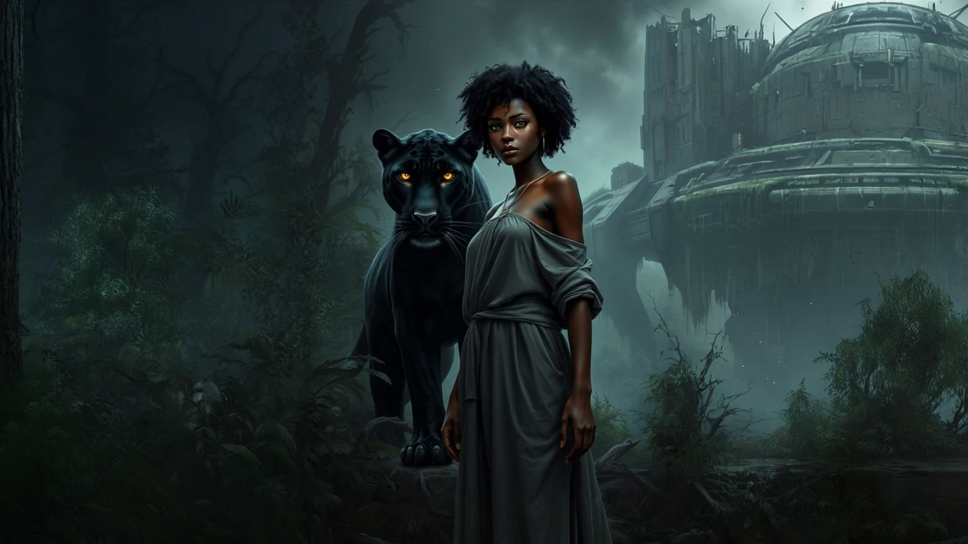Solanya with a black jaguar beside her, standing between a dark tangled forest and a decaying abandoned space station – character slide for The Oblivion Gates (Chronicles of Neiuar).