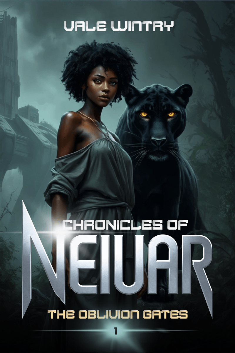 Cover of the dark epic fantasy/sci-fi novel The Oblivion Gates by Vale Wintry – Chronicles of Neiuar, Solanya with a black jaguar.