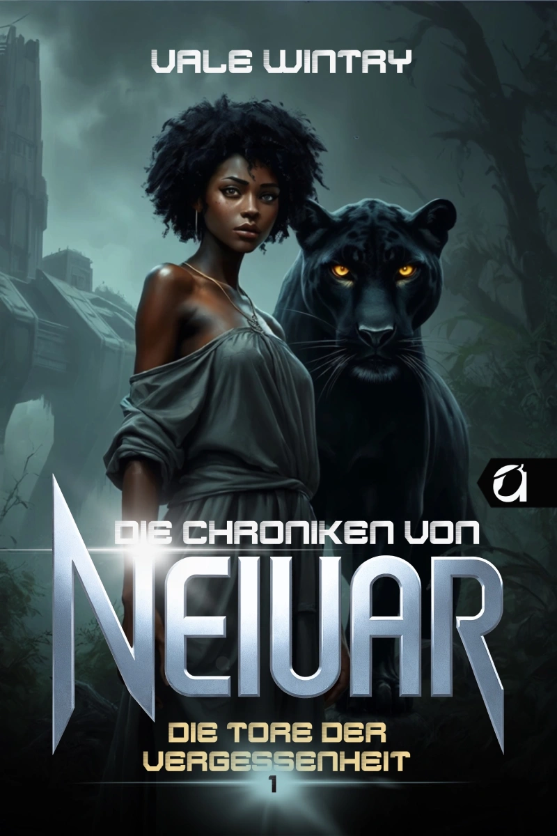 Die Tore der Vergessenheit von Vale Wintry. Mango Hill Books. Cover des ersten Bandes der dunklen Science-Fantasy-Reihe Cronache di Neiuar (Chroniken von Neiuar). Das Cover zeigt Solanya und ihr Alter Ego in Form eines Jaguars.