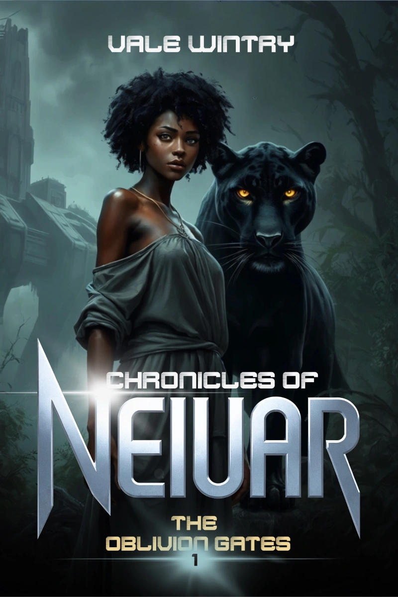 The Oblivion Gates by Vale Wintry. Mango Hill Books. Cover of the first volume of the dark science fantasy series Chronicles of Neiuar. Cover depicting Solanya and her alter ego in the form of a jaguar. Background featuring an abandoned space base and dense forest to symbolise the duality of worldbuilding.